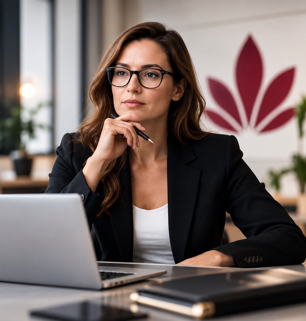 Beraterin am Schreibtisch mit Laptop und Fachbüchern